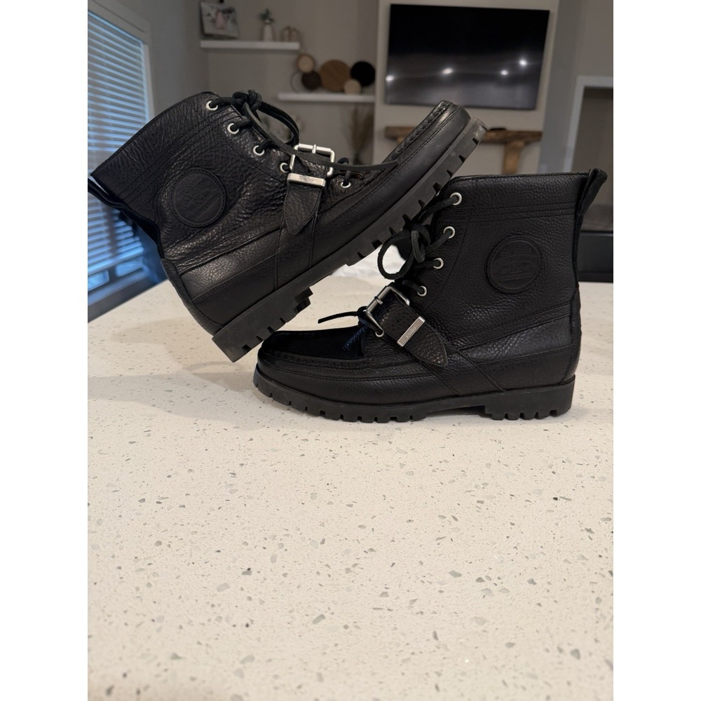 VTG Polo Country Ralph Lauren 90s Ranger Boots Black Pebbled Leather Buckle VNDS - Picture 6 of 10